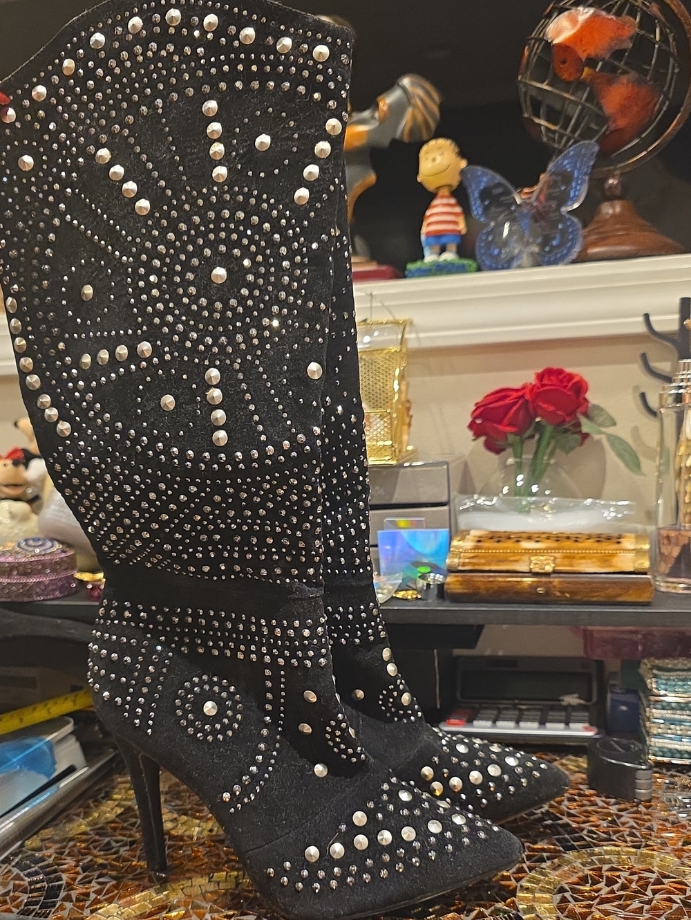 VENUS Black Studded Suede Knee-High Heeled Boots